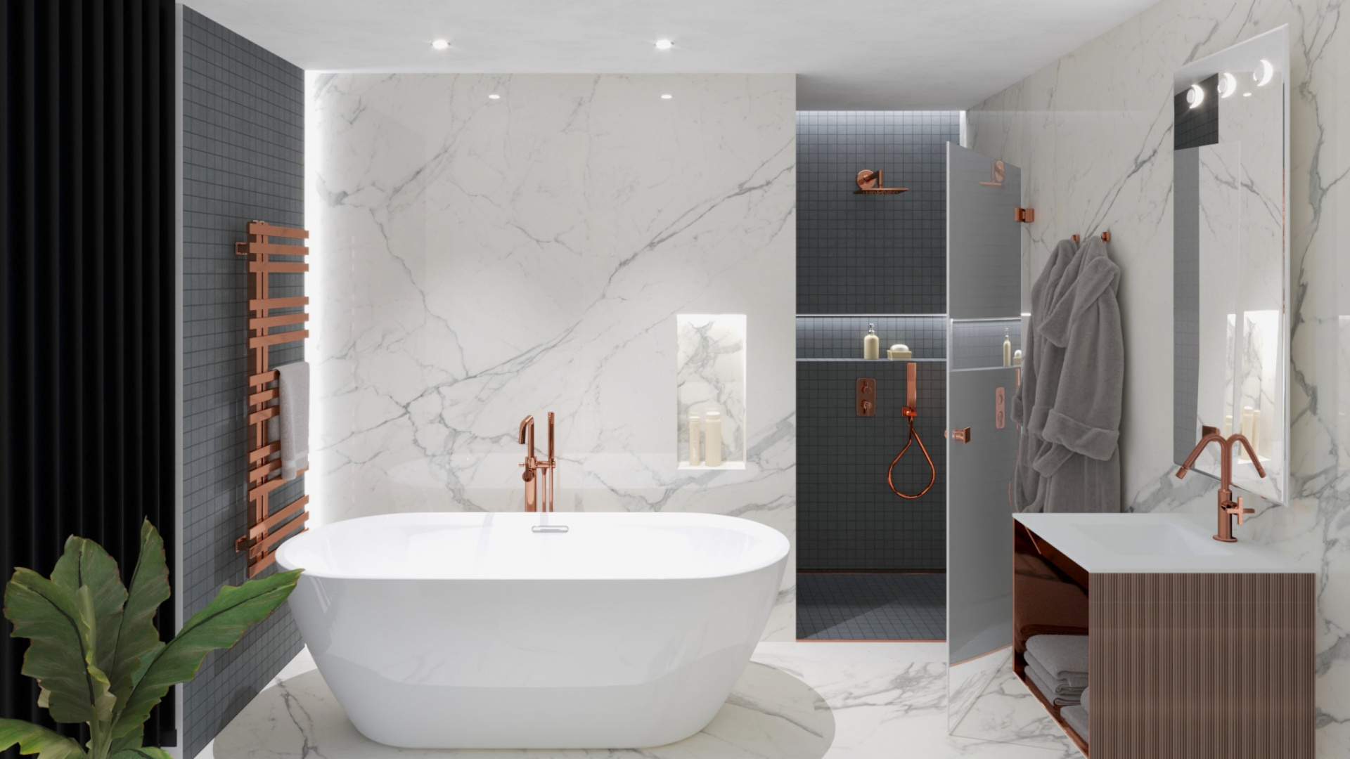 Koupelna s velkoformátovými mramorovými obklady